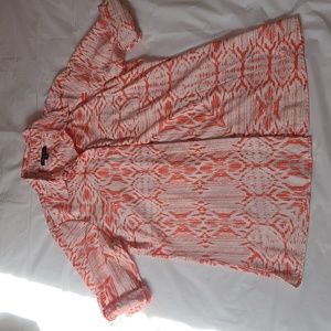 🍂Antilia Femme Coral & White Tribal Lines Button-Down Blouse w/Tab Sleeves Med.